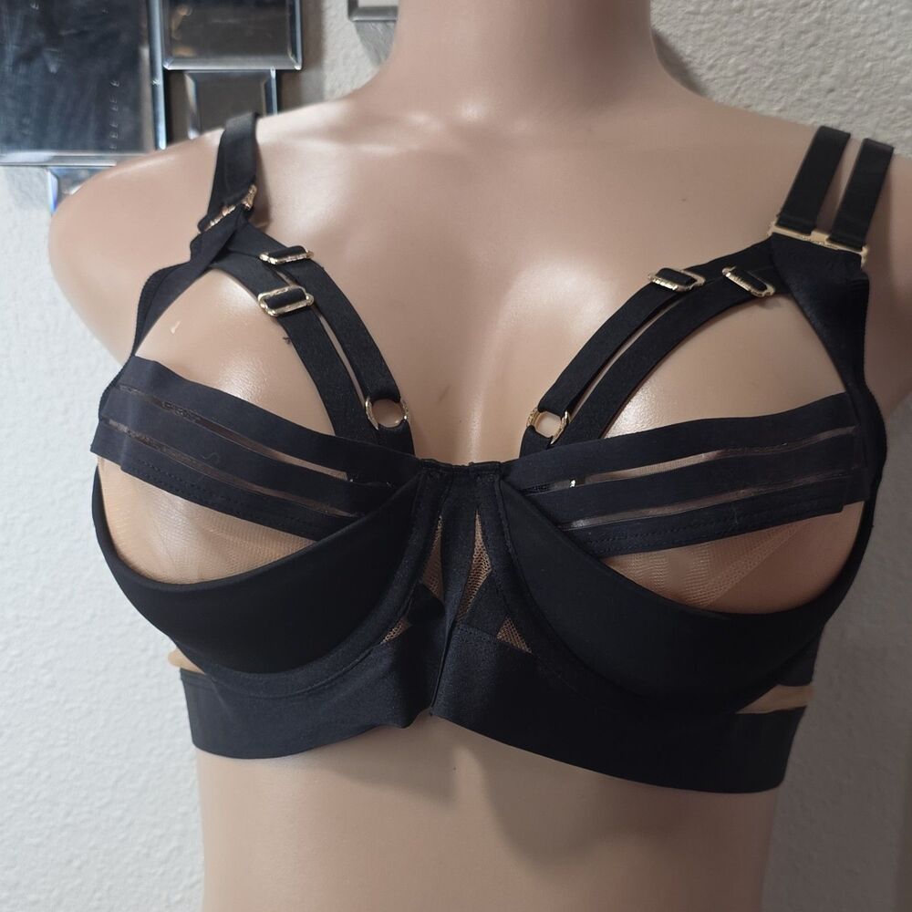 Honey Birdette Black Mesh Semi-Sheer Strappy Underwired Bra Adjustable 36C